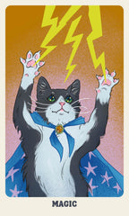 Cartoon cat in a blue cape with stars, lightning bolts, and the word 'MAGIC' on a colorful background.