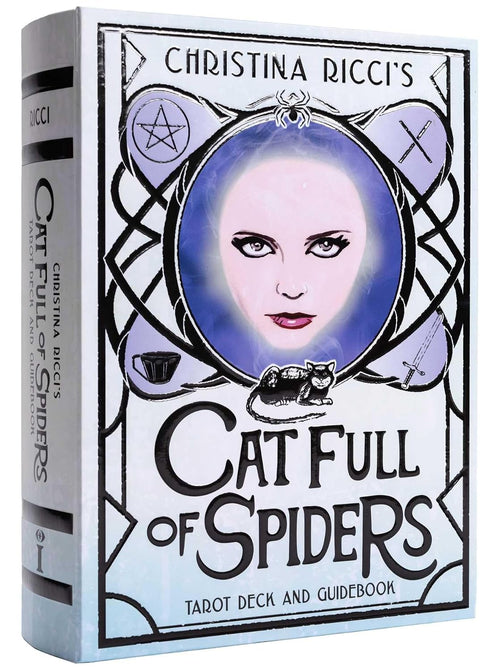 Book cover of 'Cat Full of Spiders' by Christina Ricci with a stylized face and tarot-like design.