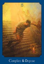 Tarot card titled 'Conflict & Defeat' with a man climbing stairs towards a figure, surrounded by warm colors.