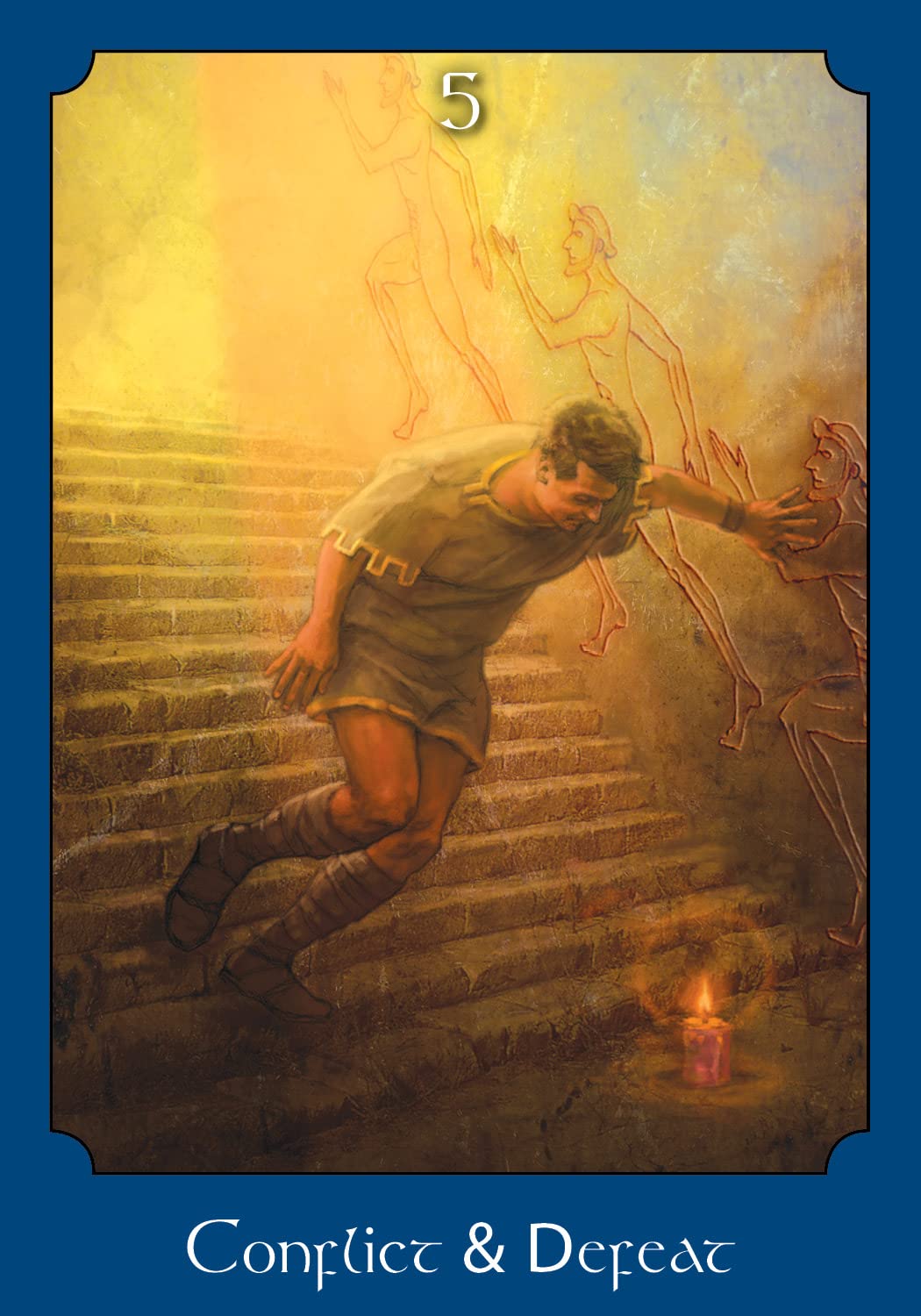 Tarot card titled 'Conflict & Defeat' with a man climbing stairs towards a figure, surrounded by warm colors.