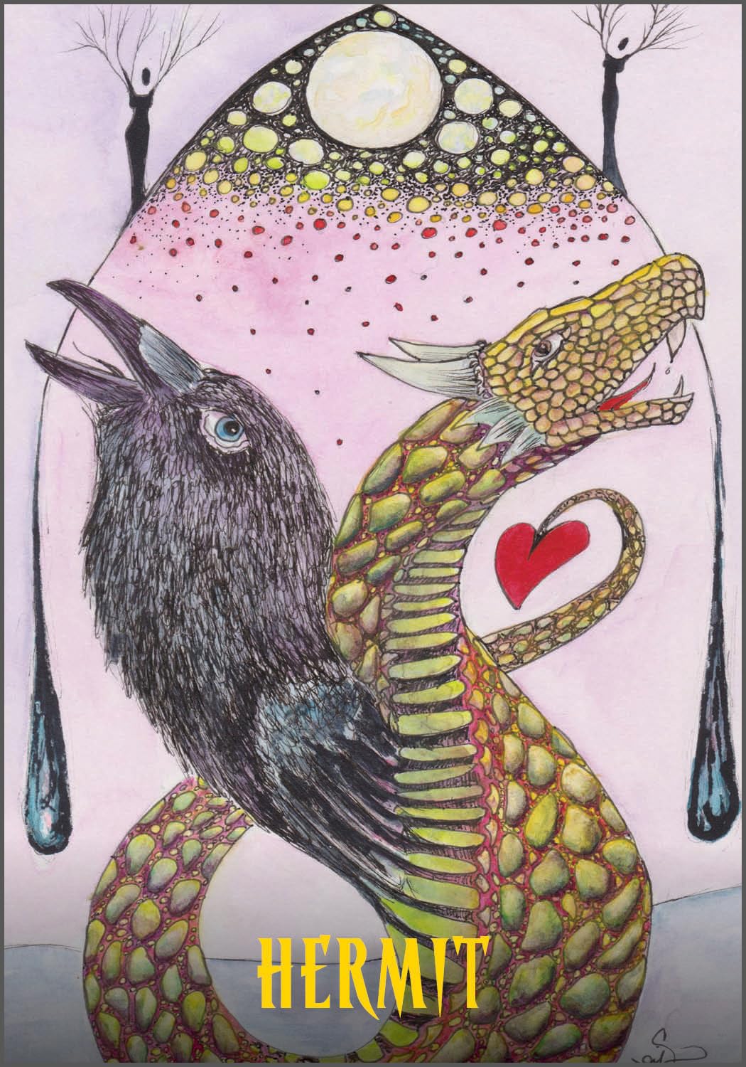 Illustration of a crow and snake with a heart, set against a colorful background with trees and a moon.