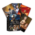 Oracle cards with illustrated characters and a book titled 'Legends, Heroes, and Villains Oracle' on a white background.
