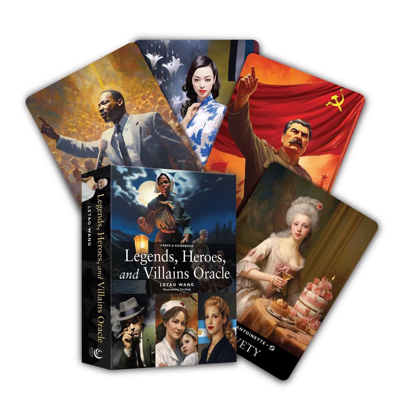Oracle cards with illustrated characters and a book titled 'Legends, Heroes, and Villains Oracle' on a white background.