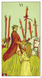 Tarot card with a figure holding sticks and a horse, featuring a green background.
