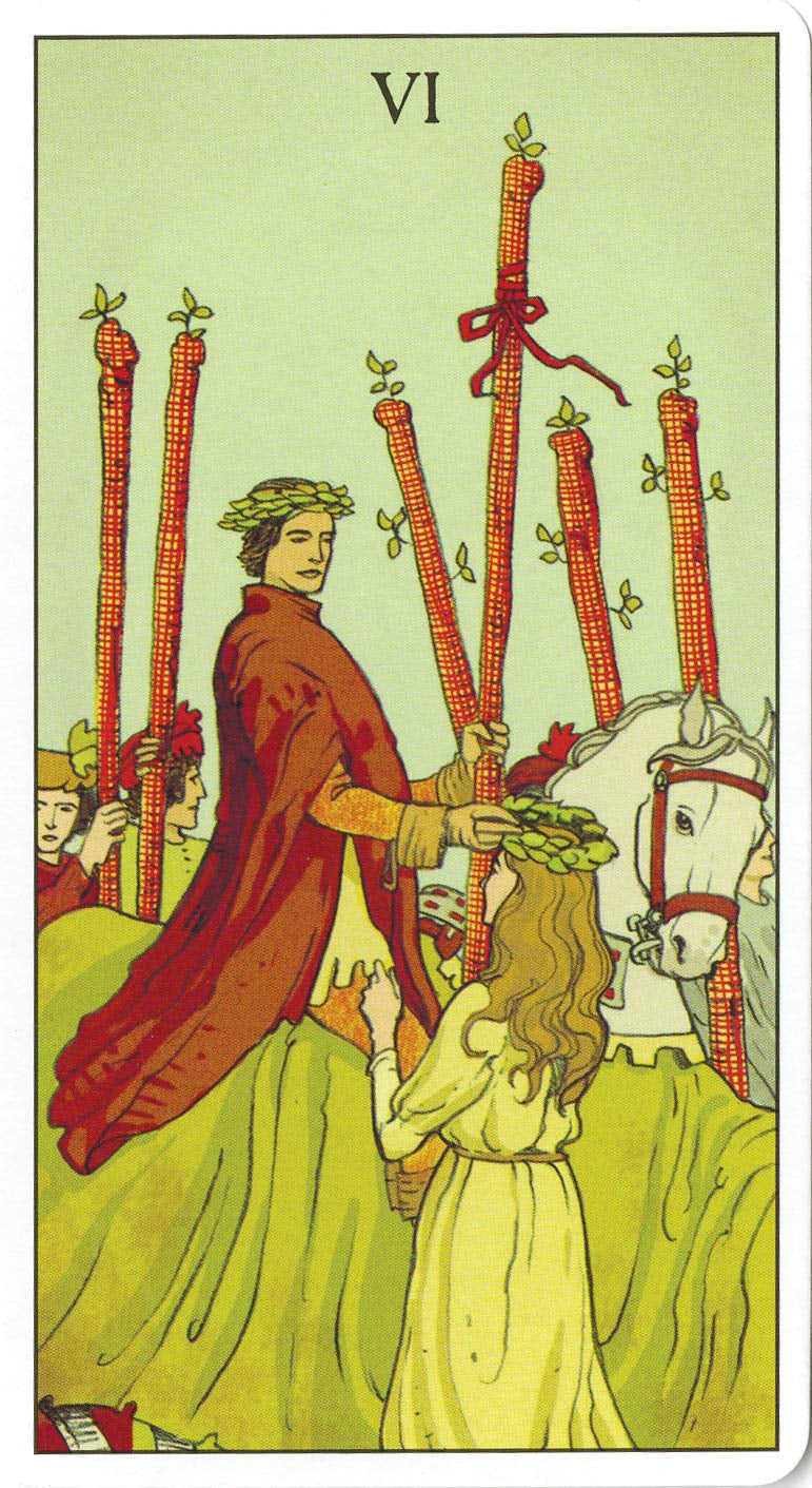 Tarot card with a figure holding sticks and a horse, featuring a green background.