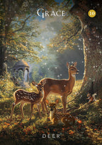 Three deer in a forest with a gazebo and tree, titled 'Grace'.