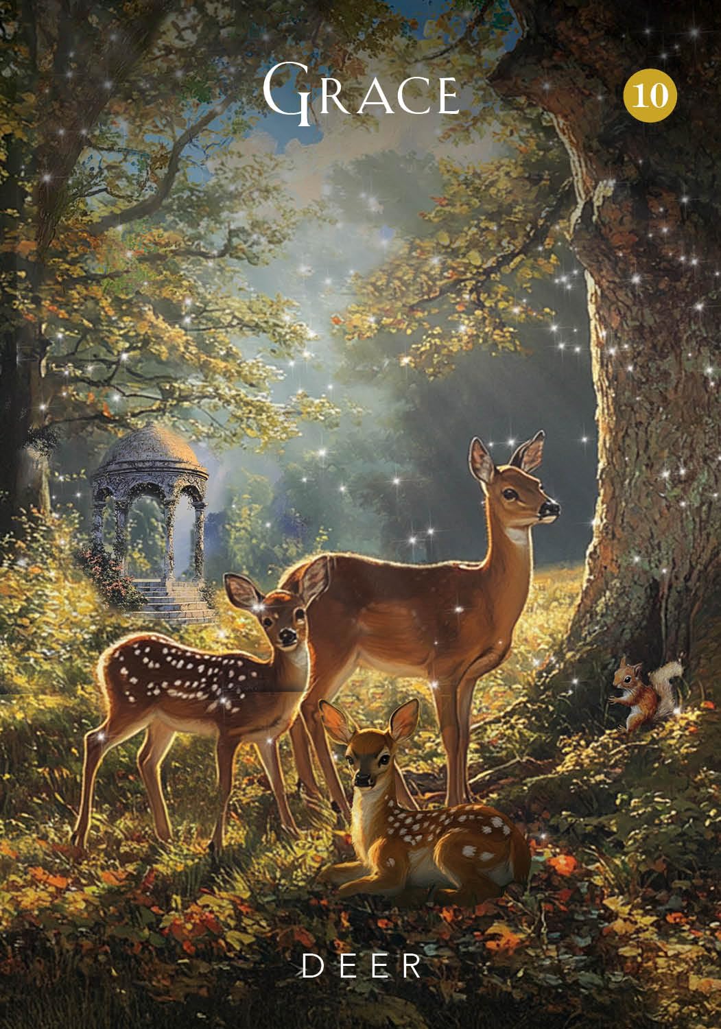 Three deer in a forest with a gazebo and tree, titled 'Grace'.