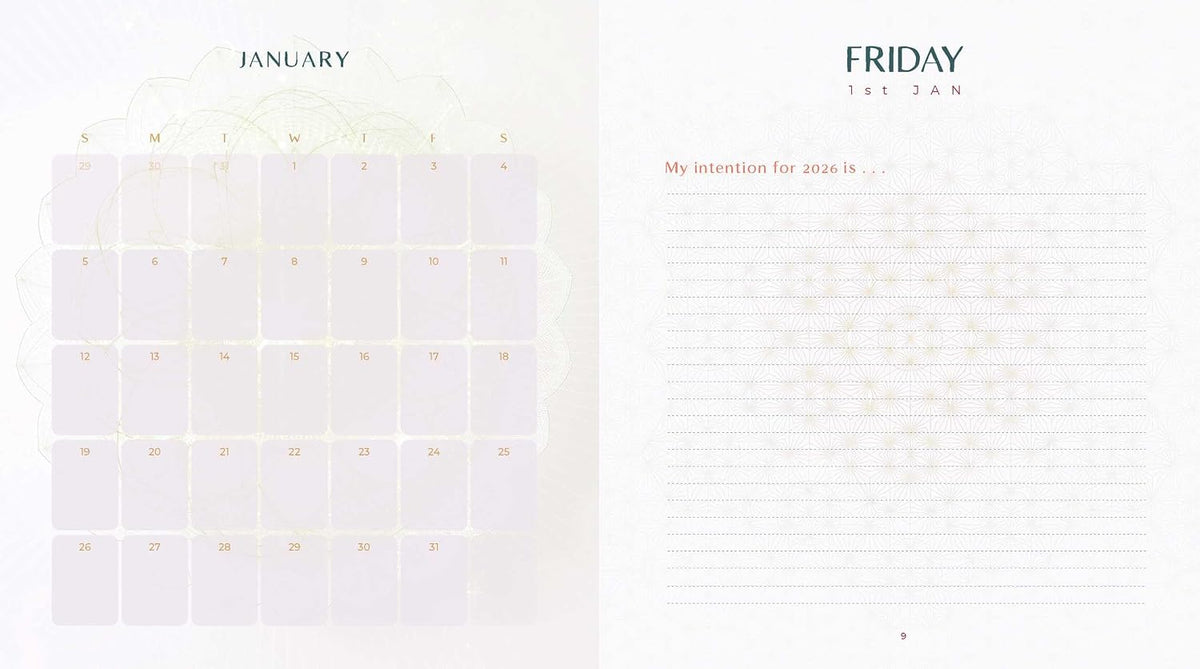 A two-page spread of a planner or desk pad showing January 2026. The left page features a large January calendar grid with faint decorative watercolor-like outlines and gold-toned day labels.