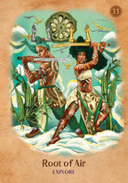Tarot card featuring two figures with a central emblem, labeled 'Root of Air' and 'Explore'.