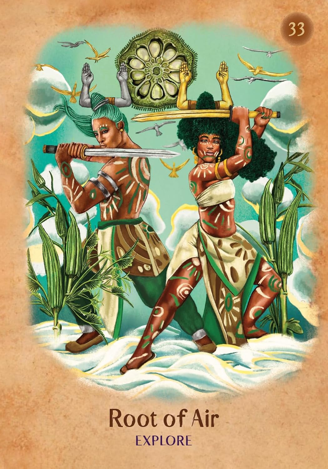 Tarot card featuring two figures with a central emblem, labeled 'Root of Air' and 'Explore'.