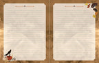 A two-page lined writing pad or notepad with a rustic autumn design. The pages are cream-colored with a textured paper look, featuring a brown arrow and star at the top, and fall-themed illustrations including a crow, pumpkin, and leaves in the corners.