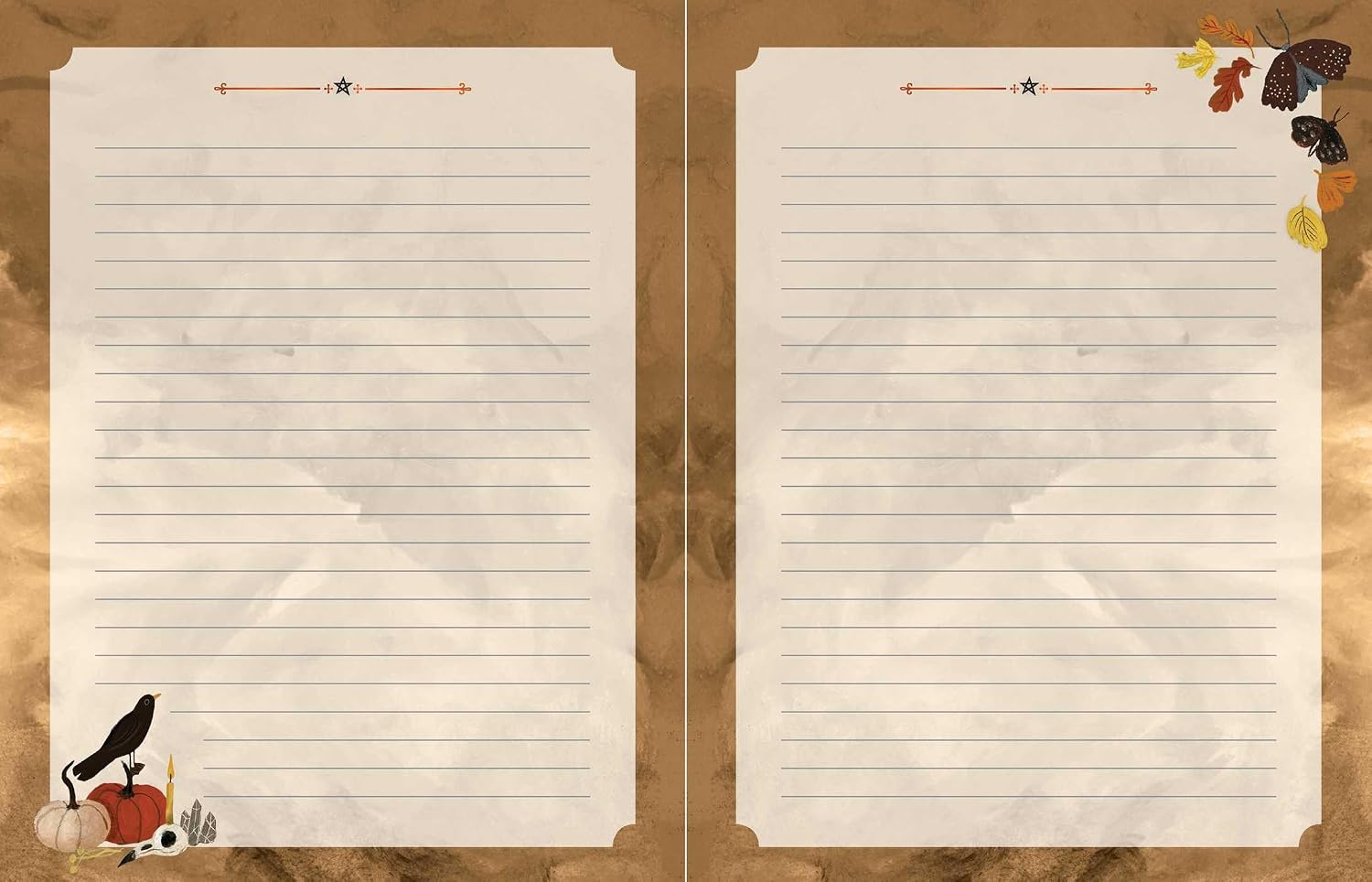 A two-page lined writing pad or notepad with a rustic autumn design. The pages are cream-colored with a textured paper look, featuring a brown arrow and star at the top, and fall-themed illustrations including a crow, pumpkin, and leaves in the corners.