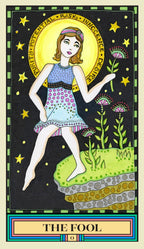 Tarot card titled 'The Fool' with a stylized illustration of a person on a rock, surrounded by stars and nature elements.