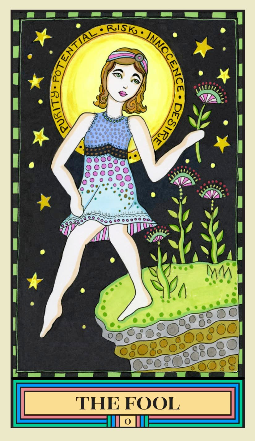 Tarot card titled 'The Fool' with a stylized illustration of a person on a rock, surrounded by stars and nature elements.