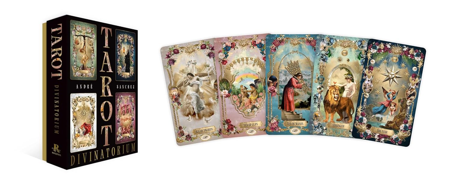Set of tarot cards with colorful designs and a black box labeled 'Tarot Divination' on a white background.
