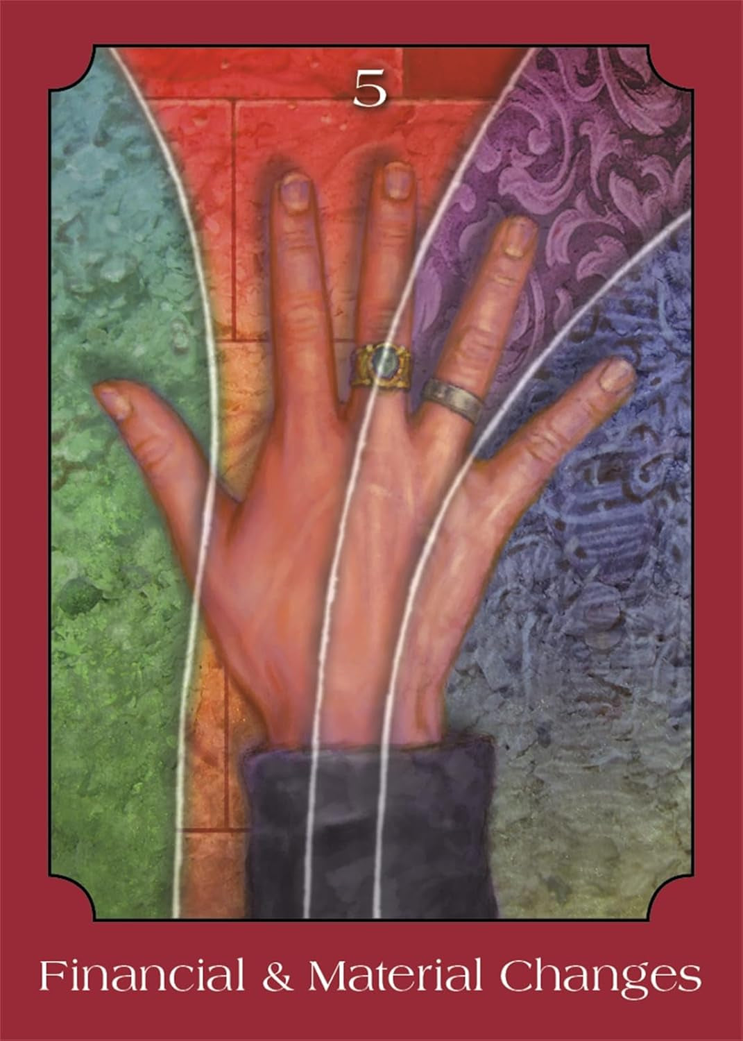 Card with hands and a feather, labeled '5 Financial & Material Changes', on a textured background.