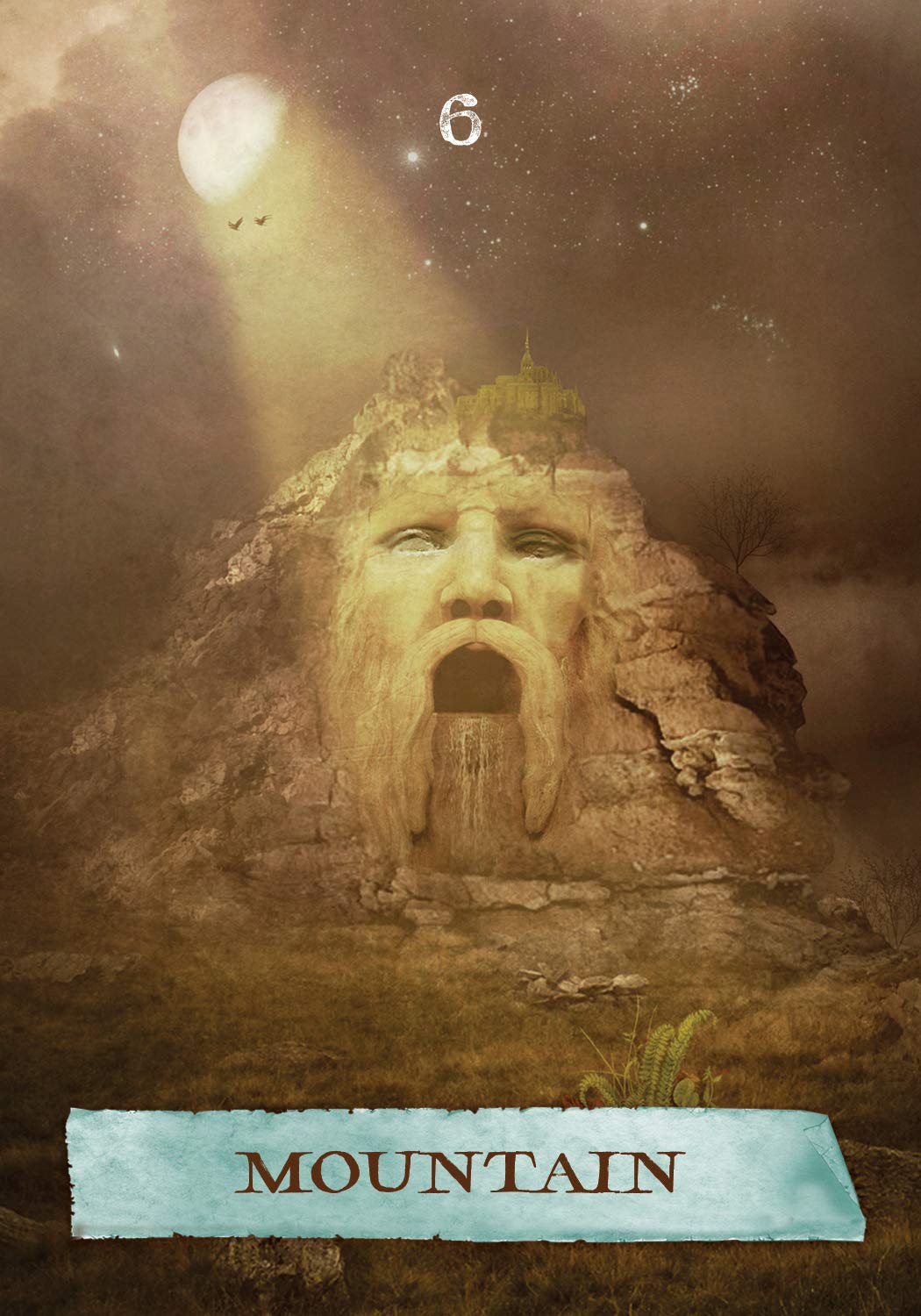 Stylized mountain with face-like features under a moonlit sky, labeled 'Mountain'.