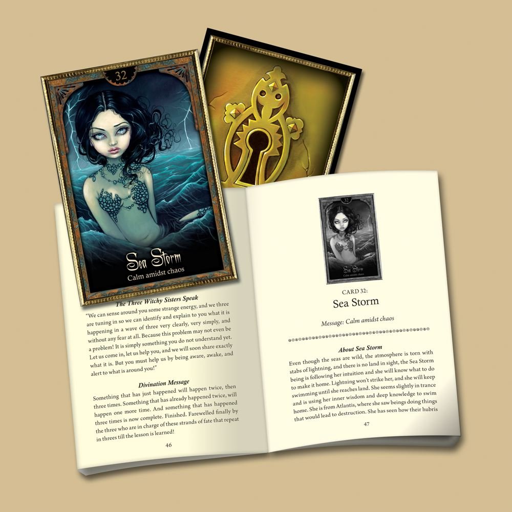 Gothic-style cards with illustrations and text on a beige background