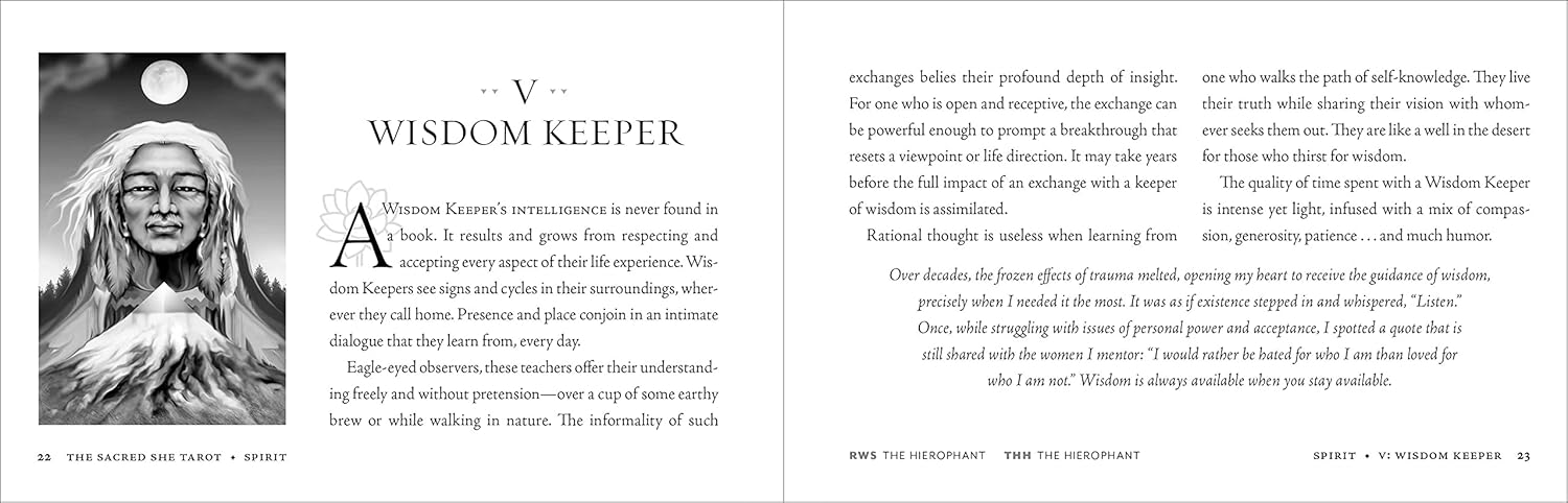 Book page with illustration of a woman and text titled 'Wisdom Keeper'.