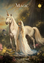 Woman in a white dress standing next to a unicorn in a fantasy landscape with 'Magic' and 'Unicorn' text.