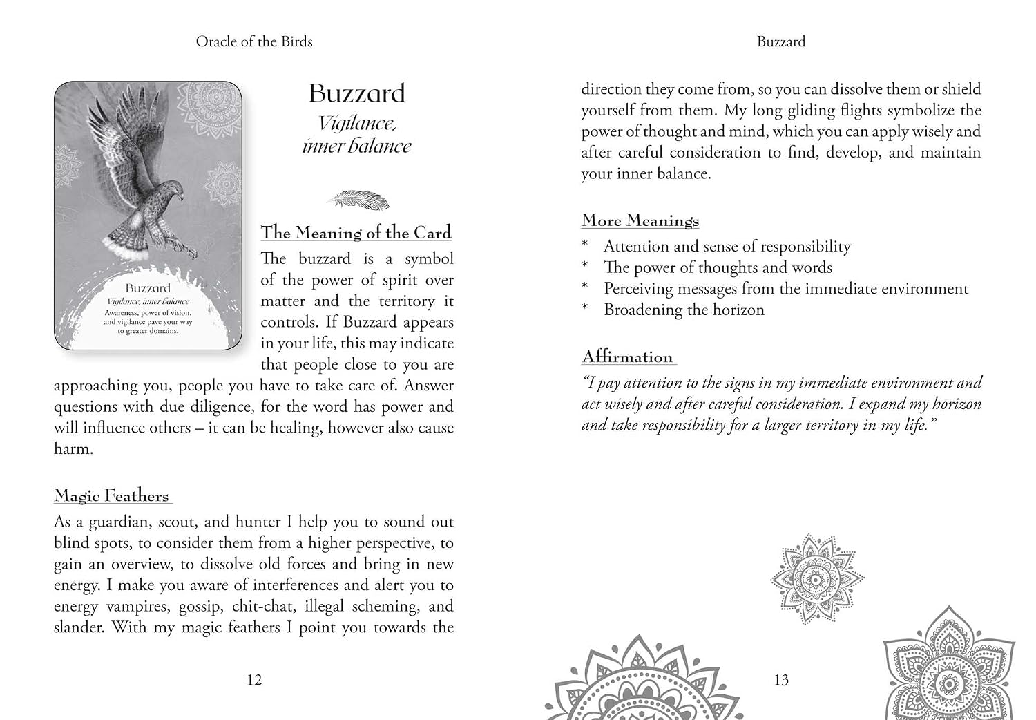 Page from a book or guide featuring information about the card 'Buzzard' from an Oracle deck, with illustrations and text.