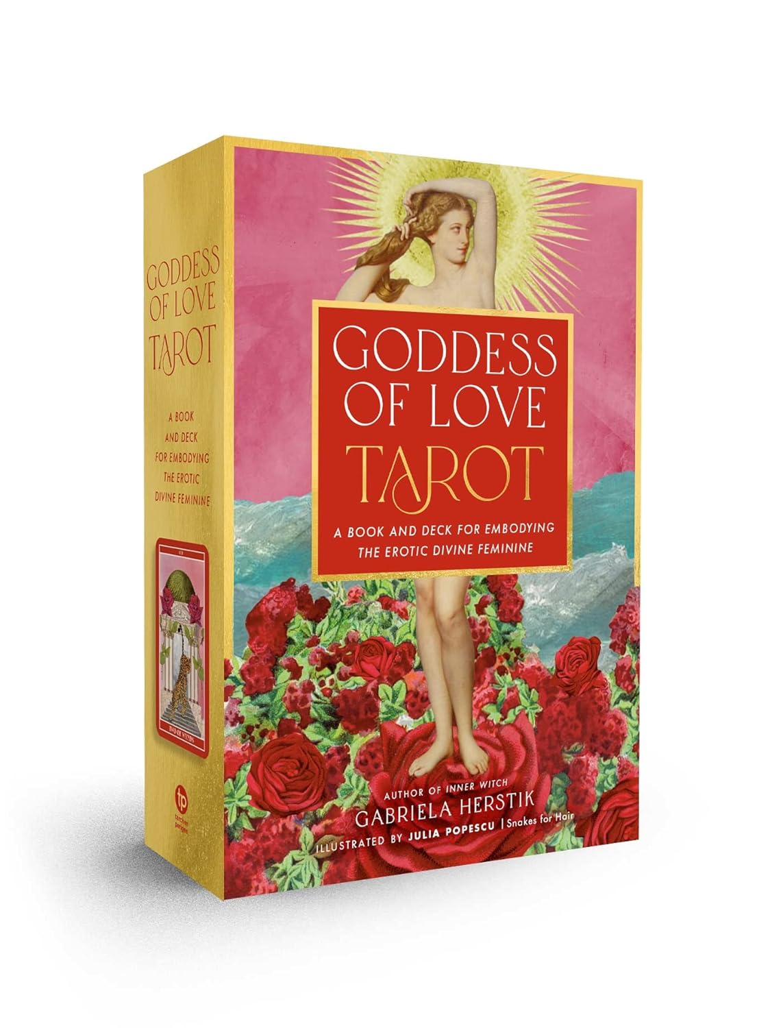 Goddess of Love Tarot box with a woman and roses on a pink background