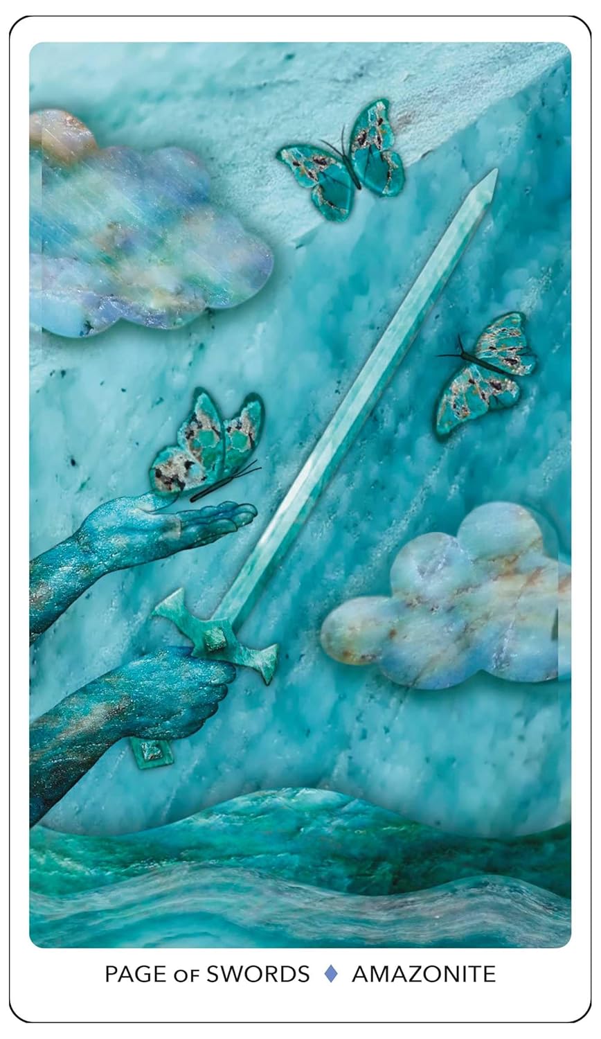 Tarot card titled 'Page of Swords' from the Amazonite deck, featuring a sword, clouds, and butterflies.