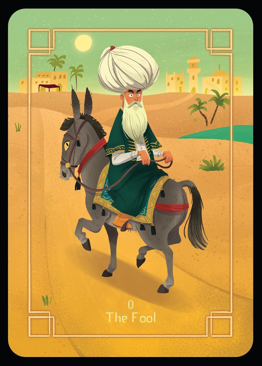 Card featuring a character riding a donkey in a desert landscape, labeled 'The Fool'.