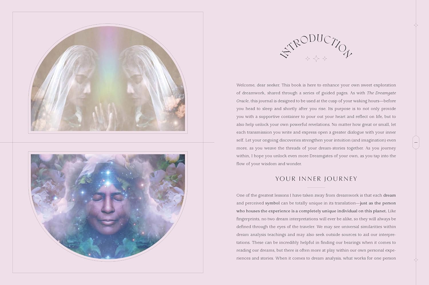 A book or booklet spread with a pale pink background, featuring a large circular illustration on the left showing a glowing angel figure above a blue-toned head, and the right side containing printed text sections titled 'INTRODUCTION' and 'YOUR INNER JOURNEY'.