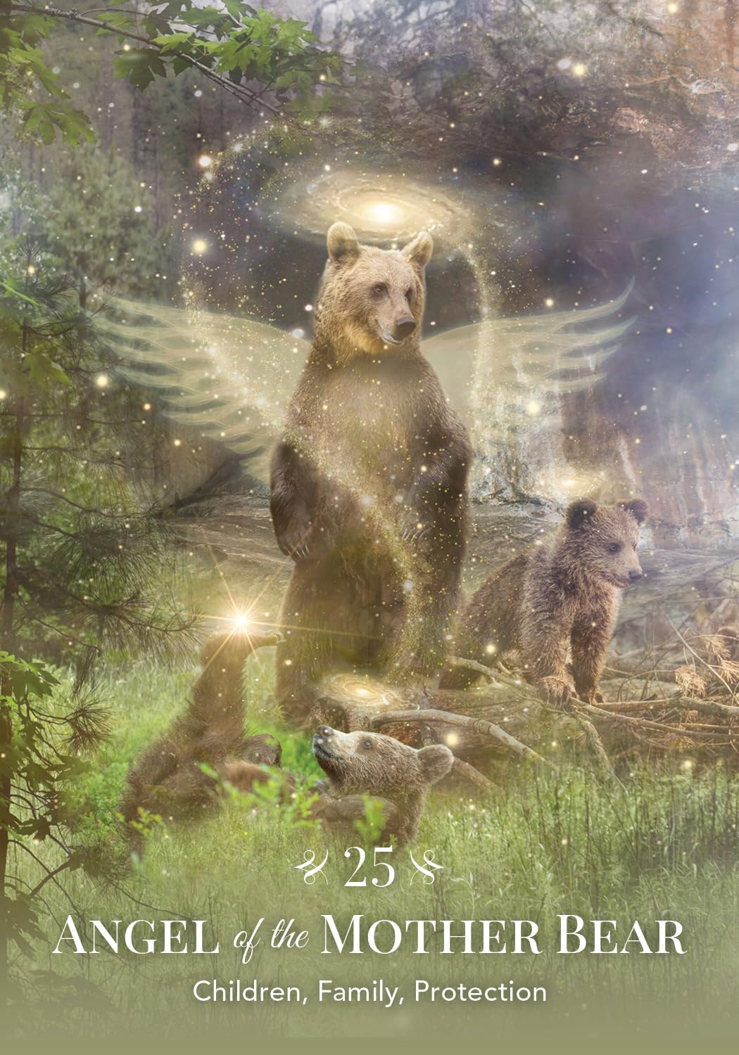 Stylized image of a bear with angel wings in a forest setting, titled 'Angel of the Mother Bear'.