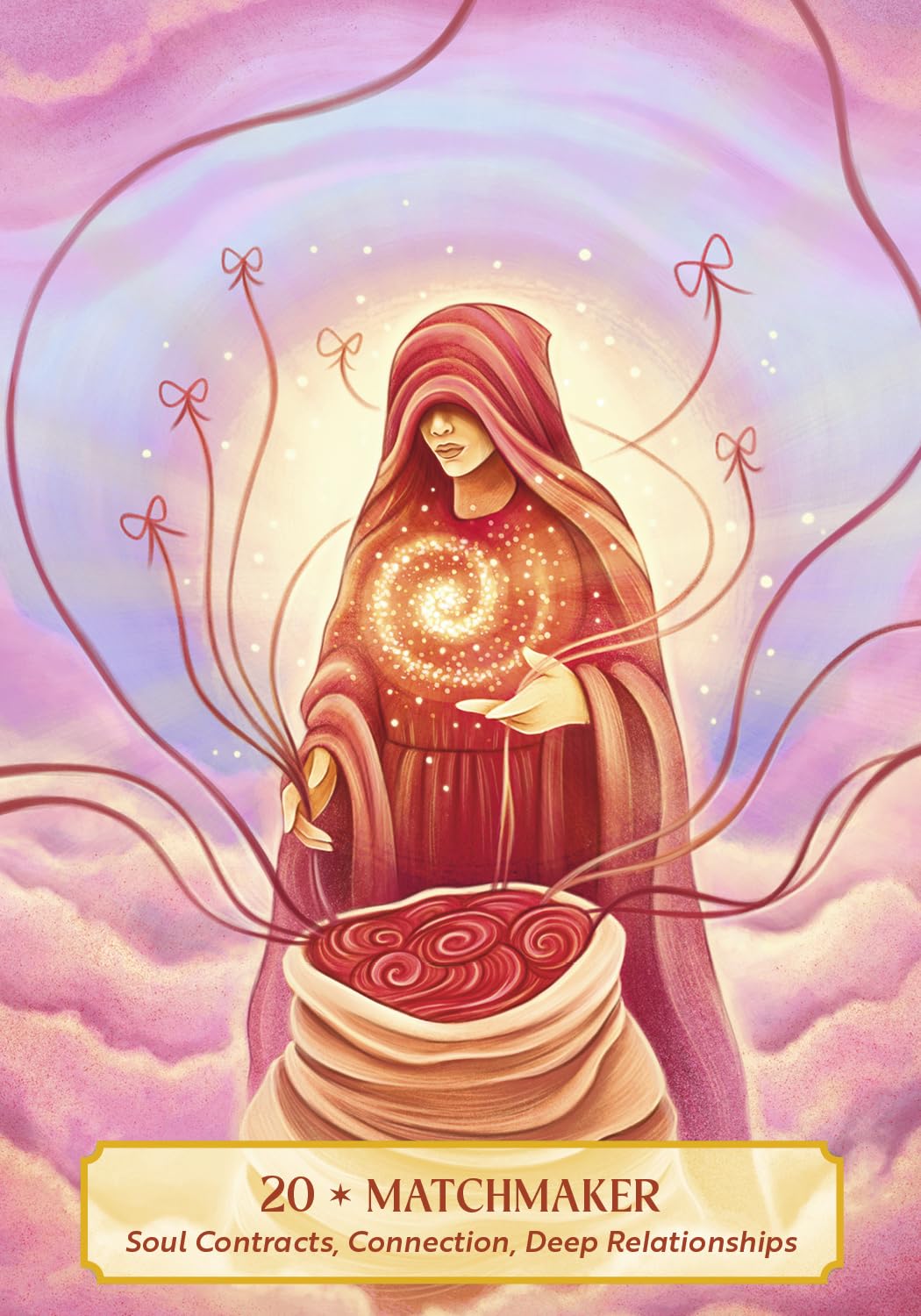 A stylized illustrated card or poster featuring a hooded figure in flowing red and pink robes standing over a sack of matching red patterns, with glowing spiral light in the chest area and floating bow-like lines against a pastel pink and purple sky. Text at the bottom reads '20 * Matchmaker' and 'Soul Contracts, Connection, Deep Relationships.