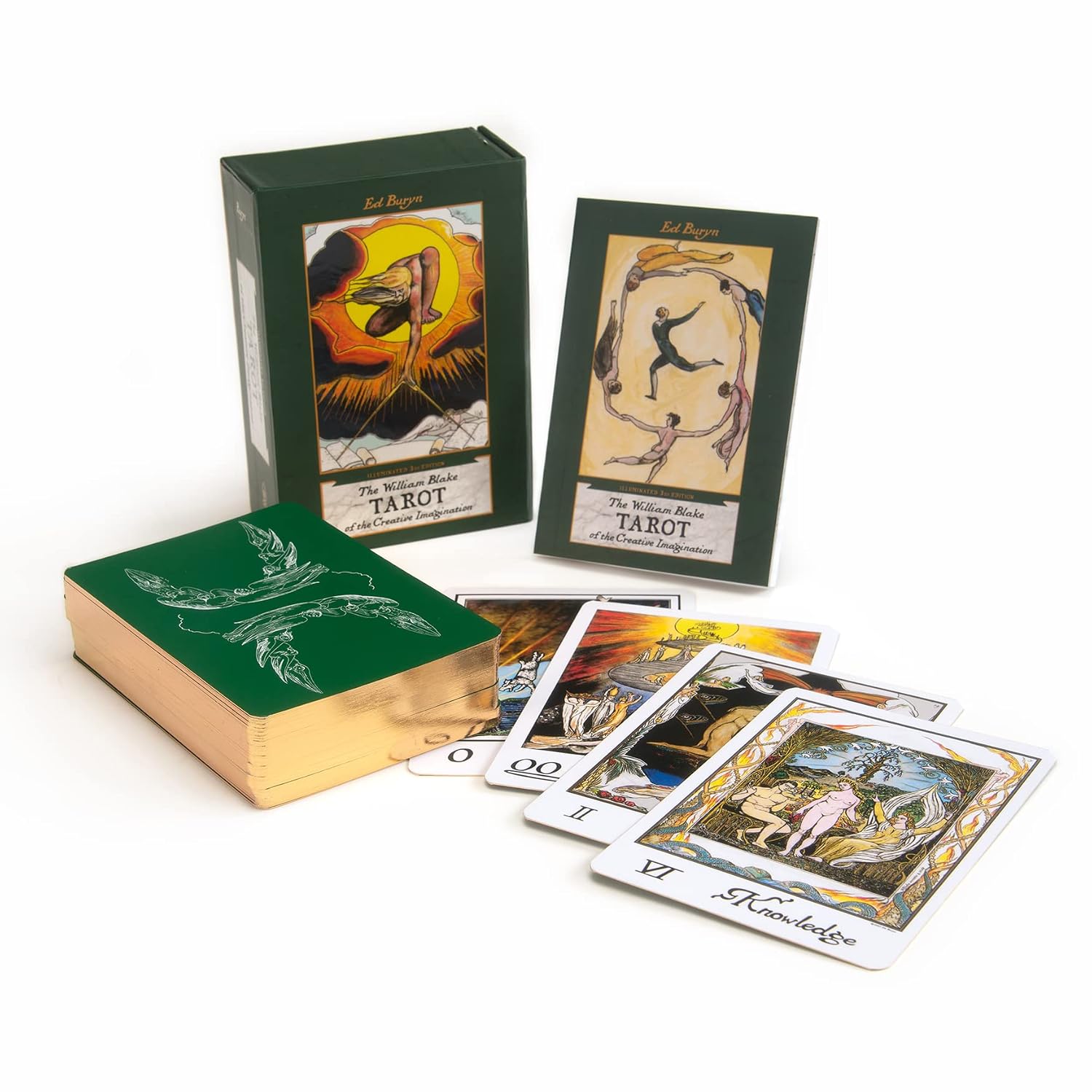 A tarot card deck set with a dark green box, a gold-edged deck box, several illustrated tarot cards, and a fanned stack of cards on a clean white background.