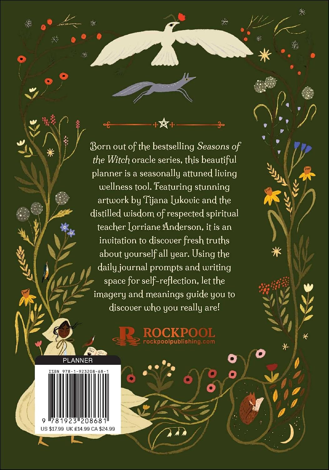 Back cover of a planner featuring a dark green background with botanical illustrations, a white bird at the top, a small fox near the bottom right, and a barcode with the title 'PLANNER' and publisher branding 'ROCKPOOL' and 'rockpooltheplanner.com'.