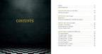 Book table of contents with a dark background and gold text