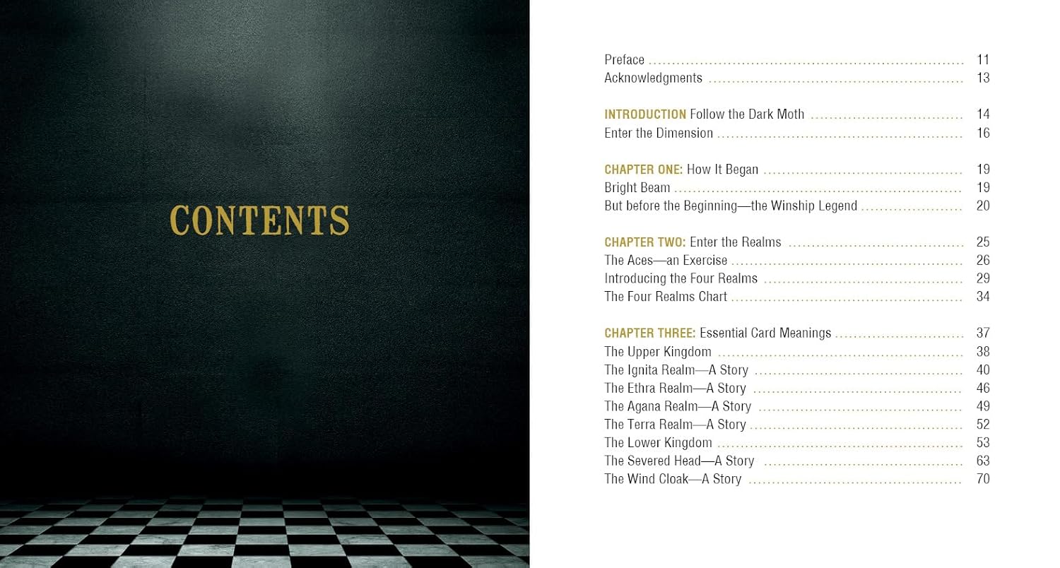 Book table of contents with a dark background and gold text