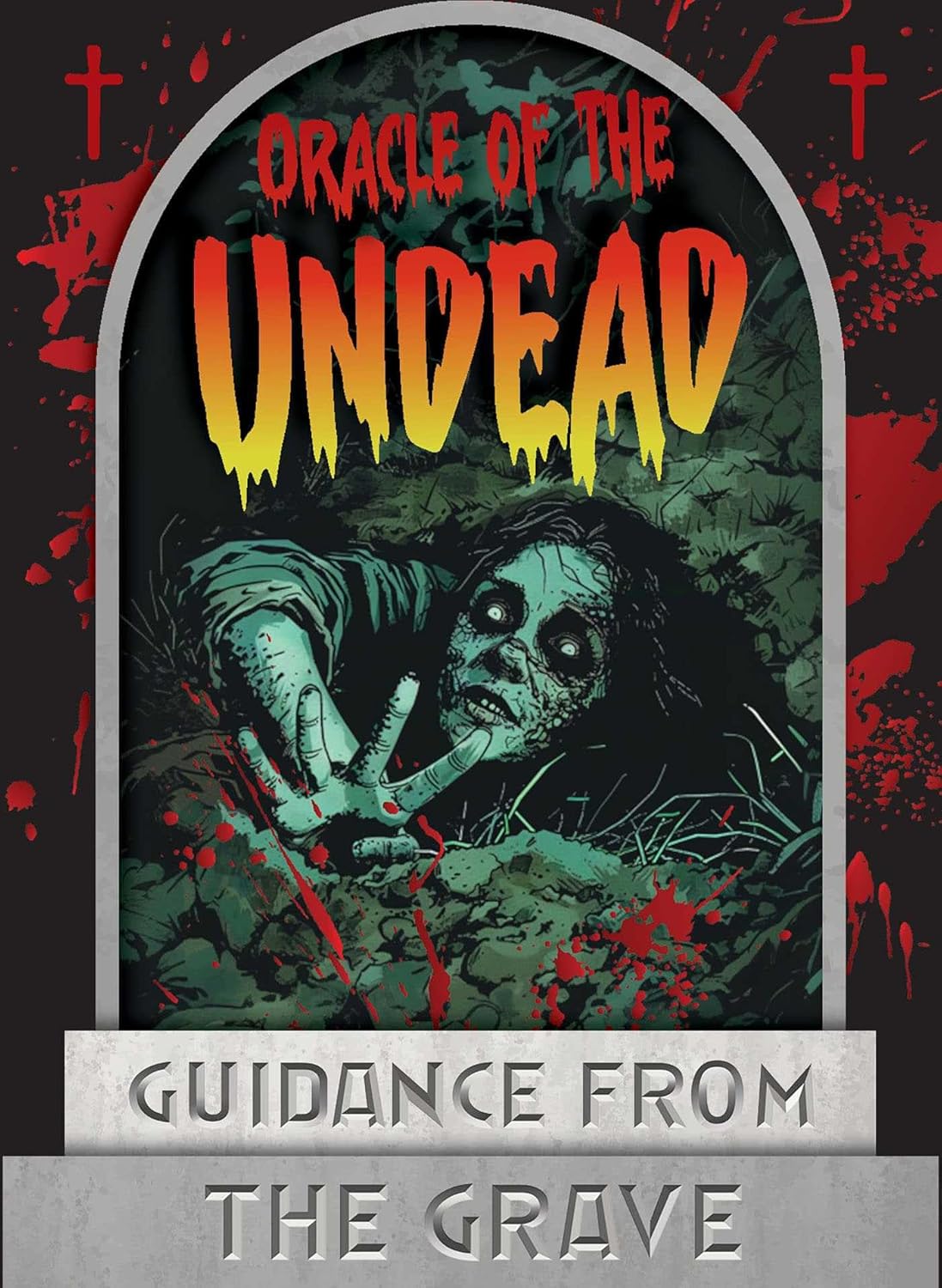 Cover of 'Oracle of the Undead' with a zombie hand reaching out, surrounded by bloodstains on a dark background.