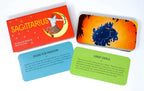 Zodiac-themed cards with colorful designs and text on a white background