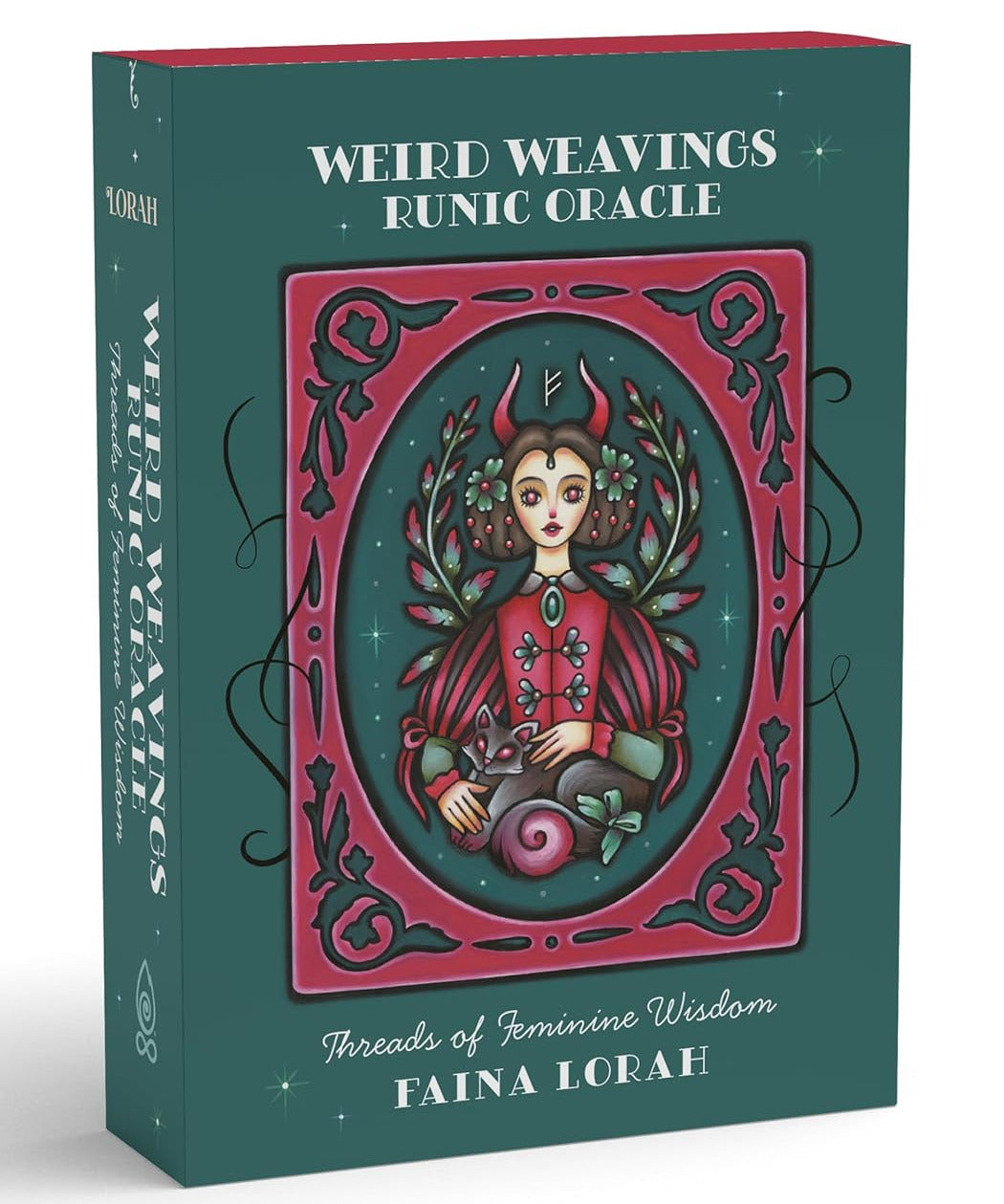 Box for 'Weird Weavings Runic Oracle' with an illustration of a woman holding a snake on a green background.