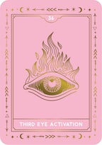 A pink tarot card titled 'THIRD EYE ACTIVATION' with a gold line-art illustration of a third eye surrounded by flames. The card features gold decorative border symbols and the number 36 at the top.