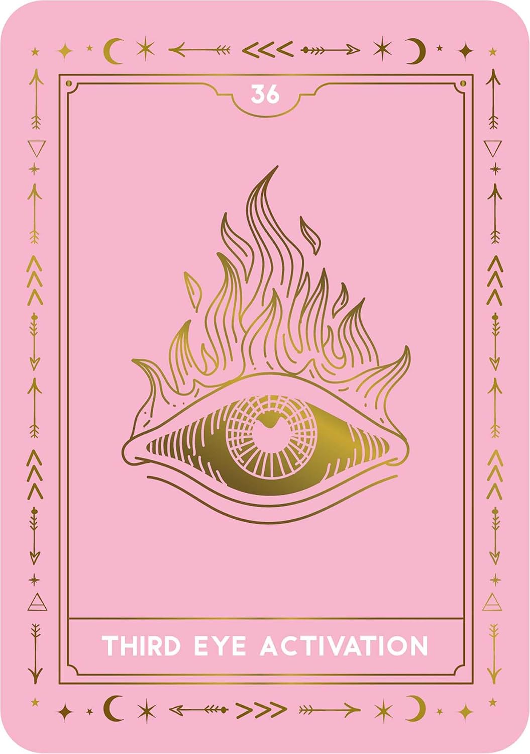 A pink tarot card titled 'THIRD EYE ACTIVATION' with a gold line-art illustration of a third eye surrounded by flames. The card features gold decorative border symbols and the number 36 at the top.