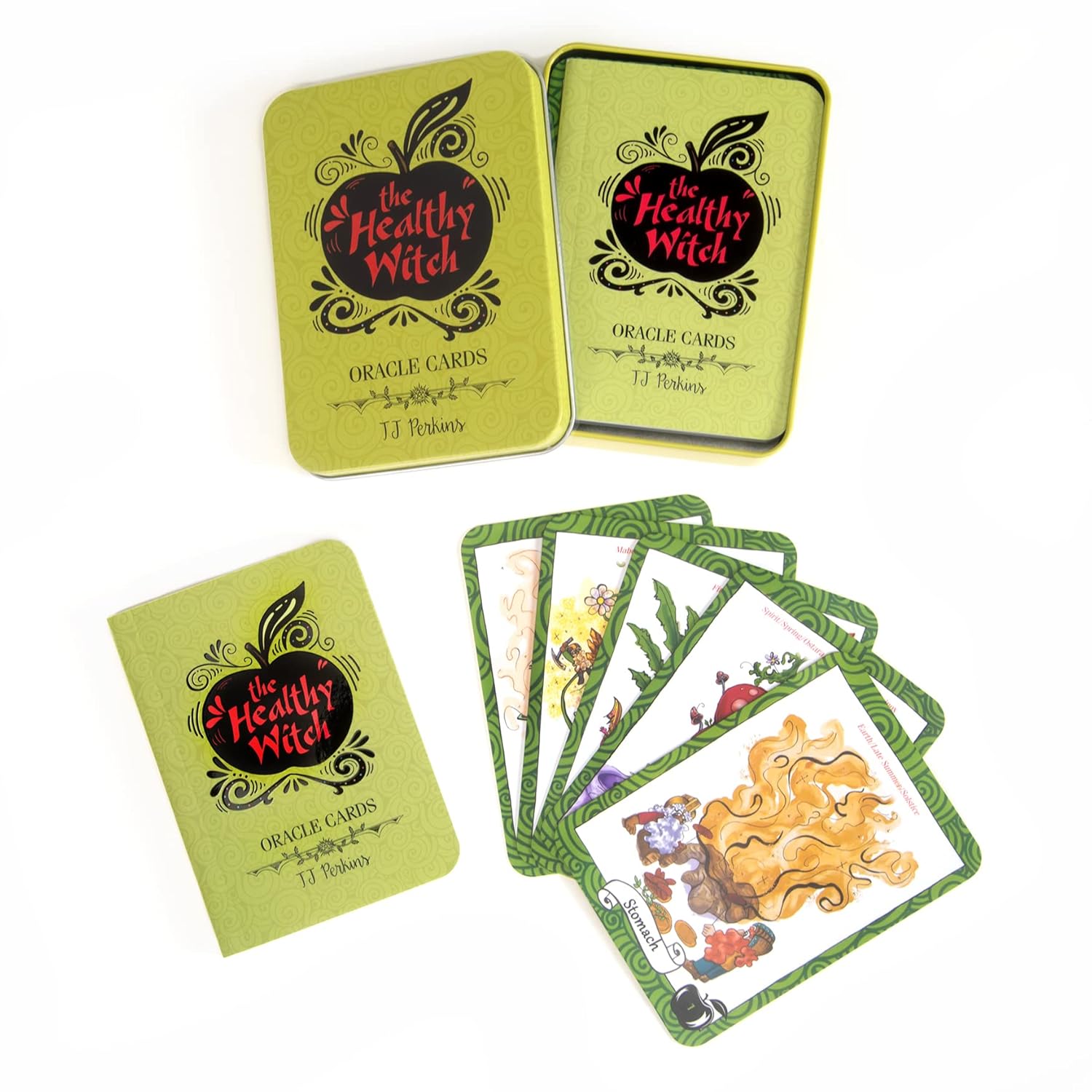 The Healthy Witch oracle cards with green tins and cards displayed on a white background