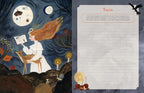 A split design showing an illustrated left panel with a fairy in a white dress reading by a deer under moonlit trees, and a right panel with a parchment-style lined writing area labeled 'Fawn' on a gray background.