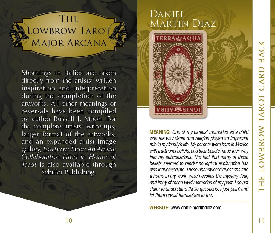 Page from a book or magazine featuring 'The Lowbrow Tarot' with a tarot card and text.