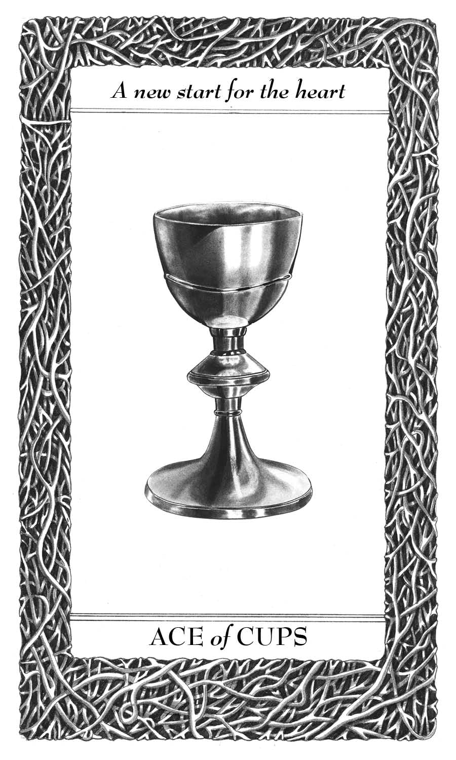 Ace of Cups tarot card with a silver goblet and decorative border