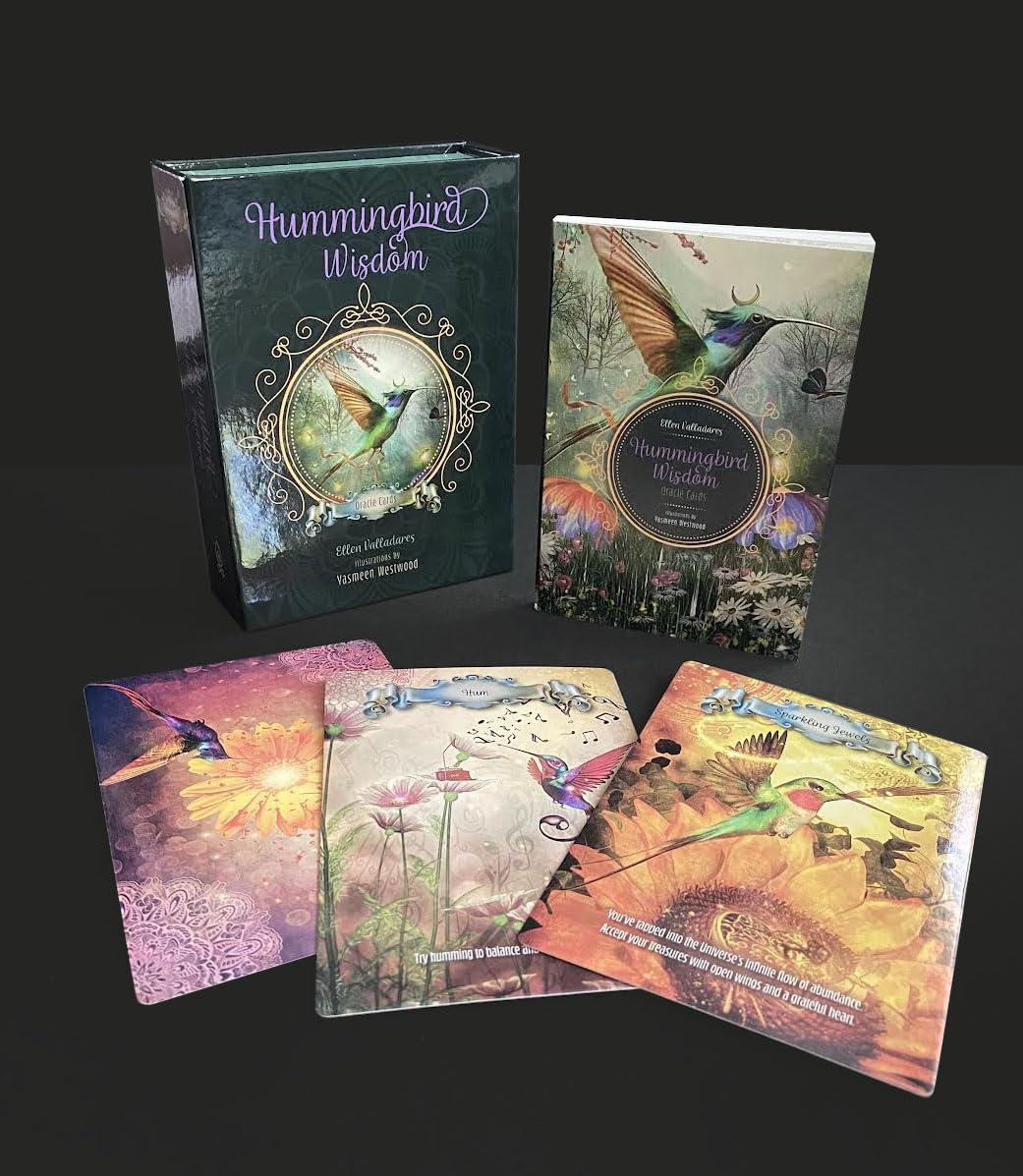 Hummingbird Wisdom card set with packaging on a dark background