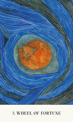 Illustration of a fox curled up in a blue swirling pattern with 'X Wheel of Fortune' text below.