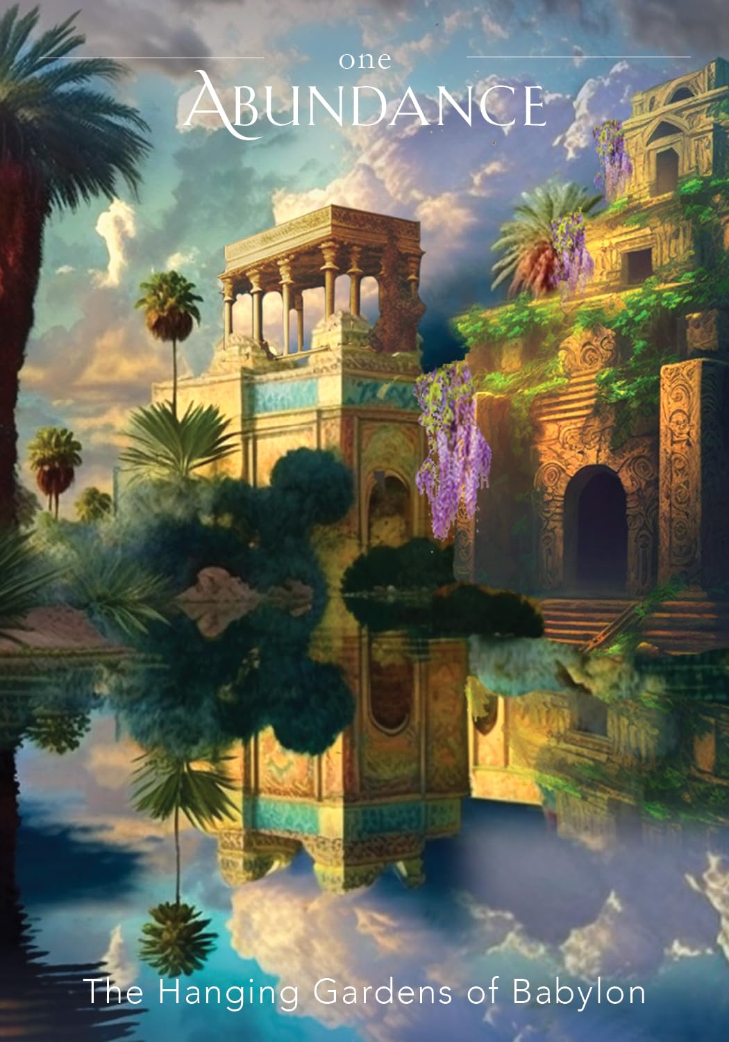 Illustration of the Hanging Gardens of Babylon with classical architecture and lush greenery.