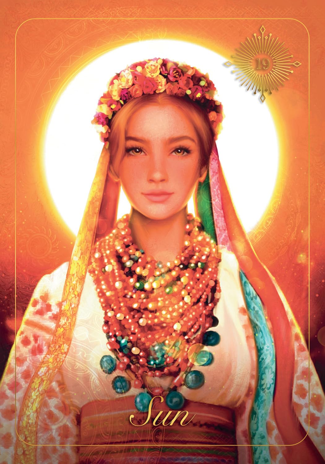 Illustration of a figure adorned with jewelry and a headdress against an orange background