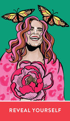 Illustration of a person with butterflies and a flower, with text 'REVEAL YOURSELF' on a green background.