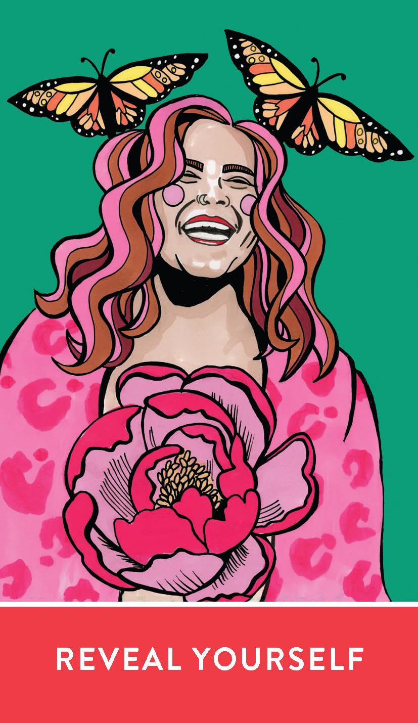 Illustration of a person with butterflies and a flower, with text 'REVEAL YOURSELF' on a green background.